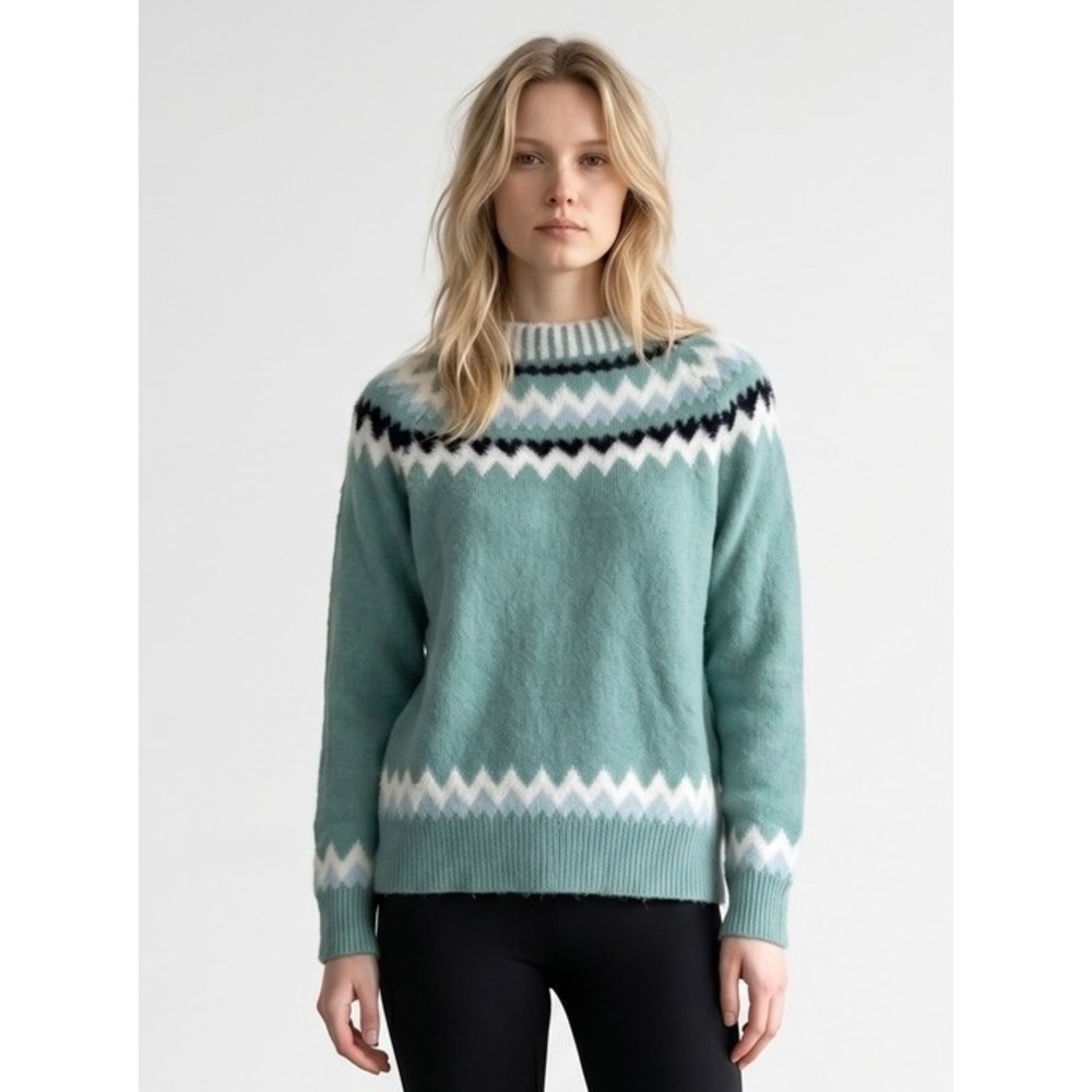 Ann Taylor Womens Sage‎ Green Fair Isle Fuzzy Knit Crew Neck Sweater Small